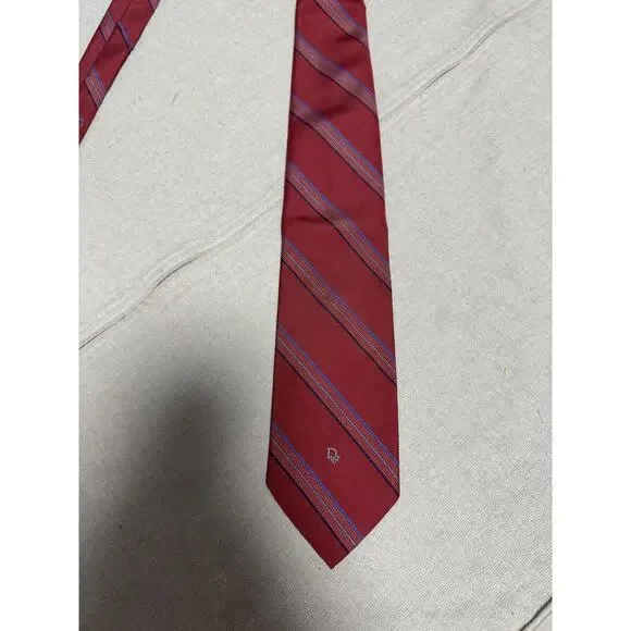 Vintage Christian Dior Tie Mens One Size Red Stripe Monsieur Logo Made USA 90s - Picture 1 of 9
